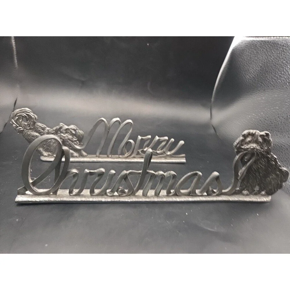 Metzke Pewter Vintage 2 Piece Merry Christmas  Dogs Pulling Ribbon for Mantle